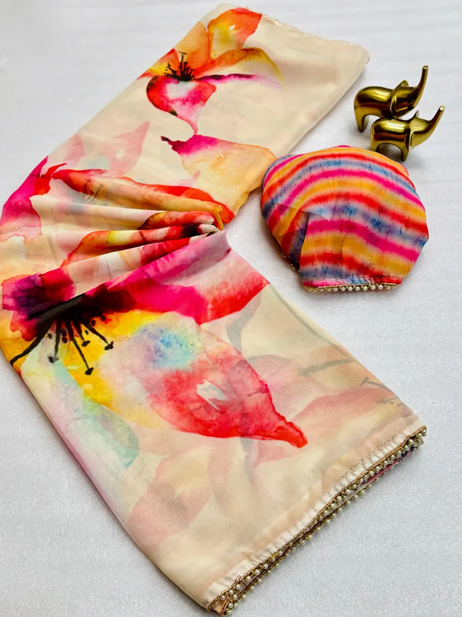 New Arrival Floral Digital Print Chiffon Saree with Handwork Moti Lace Border